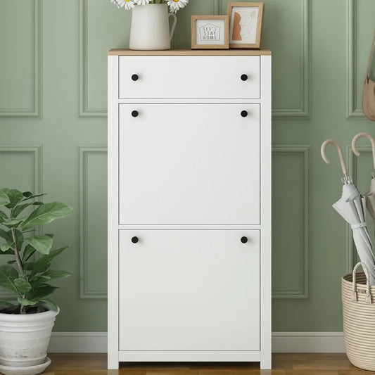 White Shoe Cabinet for Entryway, Slim Shoe Storage Cabinet, Shoe Storage Cabinet with 2 Flip Drawers, Freestanding Organizer Cab