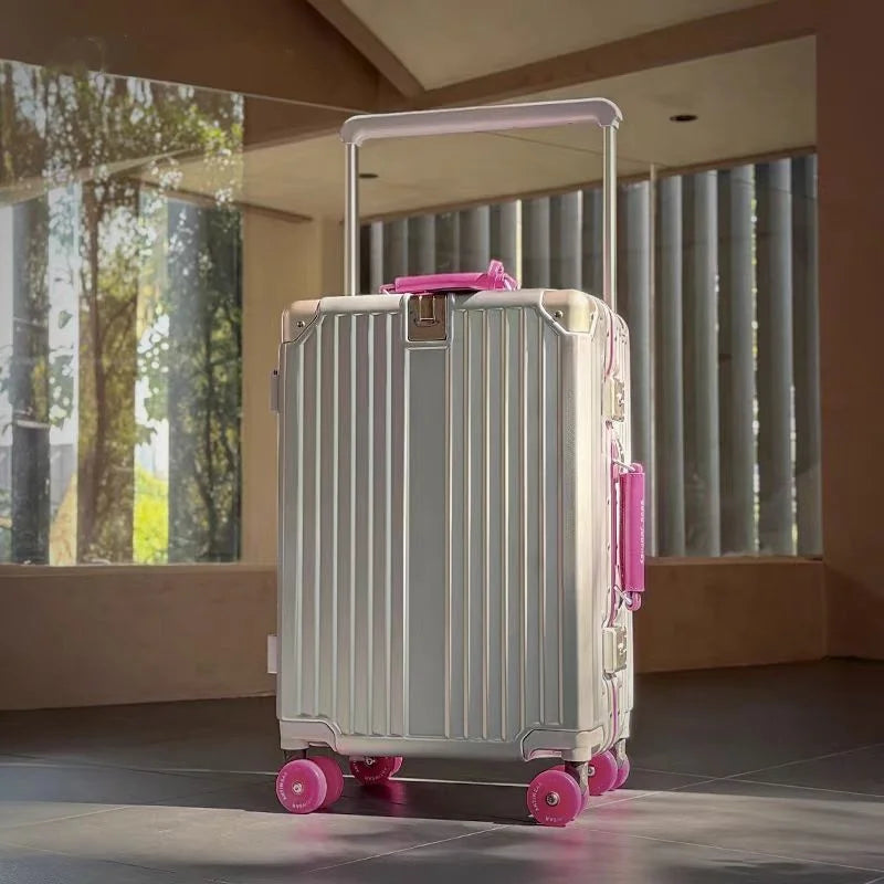 New Aluminum Frame Wide Handlebar Rolling Luggage Large Capacity Trolley Suitcase with Colorful Silent Spinner Wheels TSA Lock