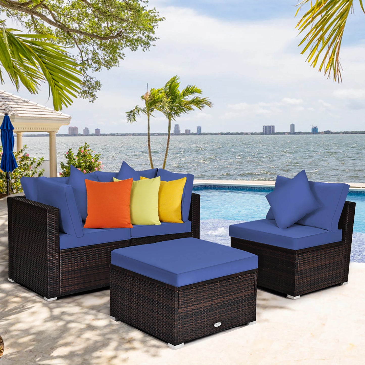 4PCS Patio Rattan Furniture Set Sofa Ottoman Cushion Garden Deck Navy