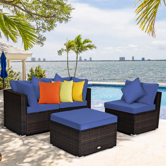4PCS Patio Rattan Furniture Set Sofa Ottoman Cushion Garden Deck Navy