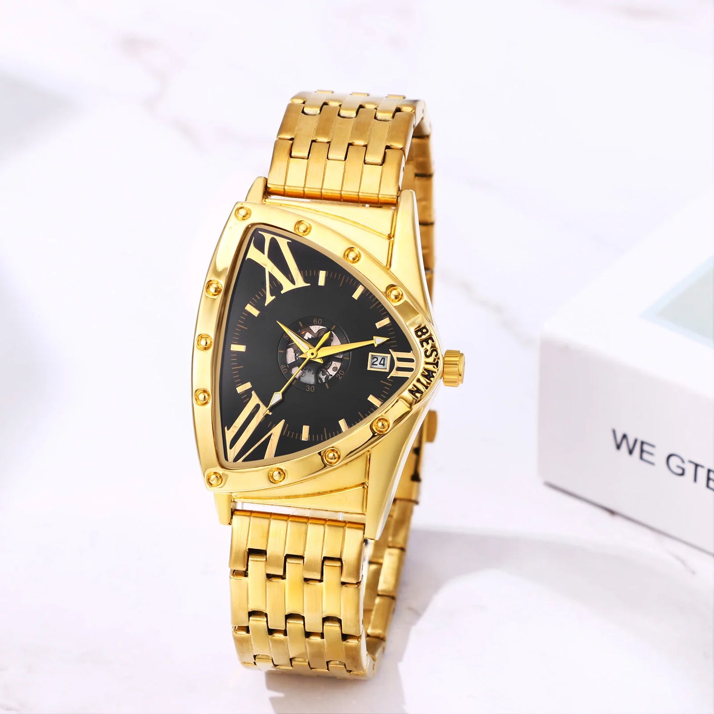 LANCARDO Men's Watch Triangle Dial Stainless Steel Waterproof Strap Quartz Watch Bar Diamond Scale Calendar Available