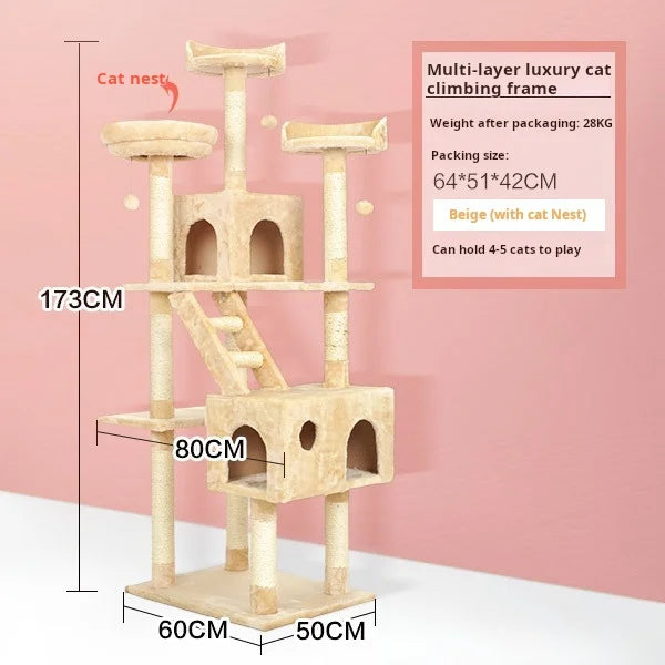 174cm Tower for Indoor Cats and Large Cat Tree With Sisal-Covered Scratching Posts Spacious Hammock Padded Perches and Condos