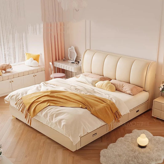 White Cream Bed Cloud Large Size Room Decor Beauty Wooden Comfortable Ergonomic Bed Floor Letto Matrimoniale Home Furniture