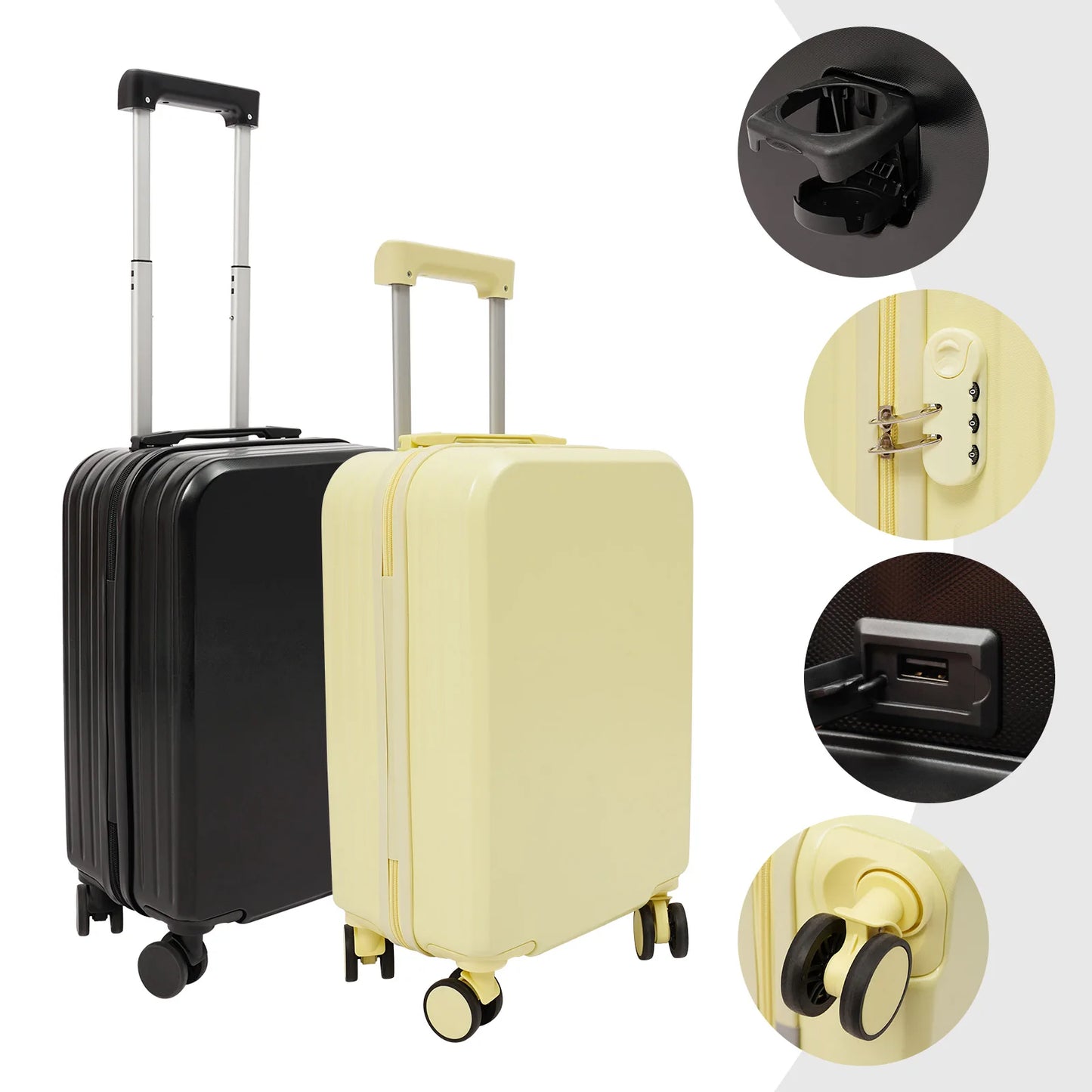20in Light Yellow ABS Travel Luggage Suitcase with 998 Cup Holder,Rectangular Load 40kg 4 * Shock-absorbing Wheels