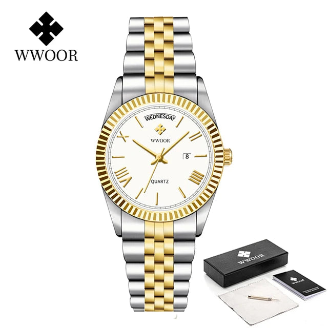 WWOOR Luxury Watches Gift For Men Waterproof Stainless Steel Date Clock New Men Quartz Wristwatches Male Watch Relogio Masculino