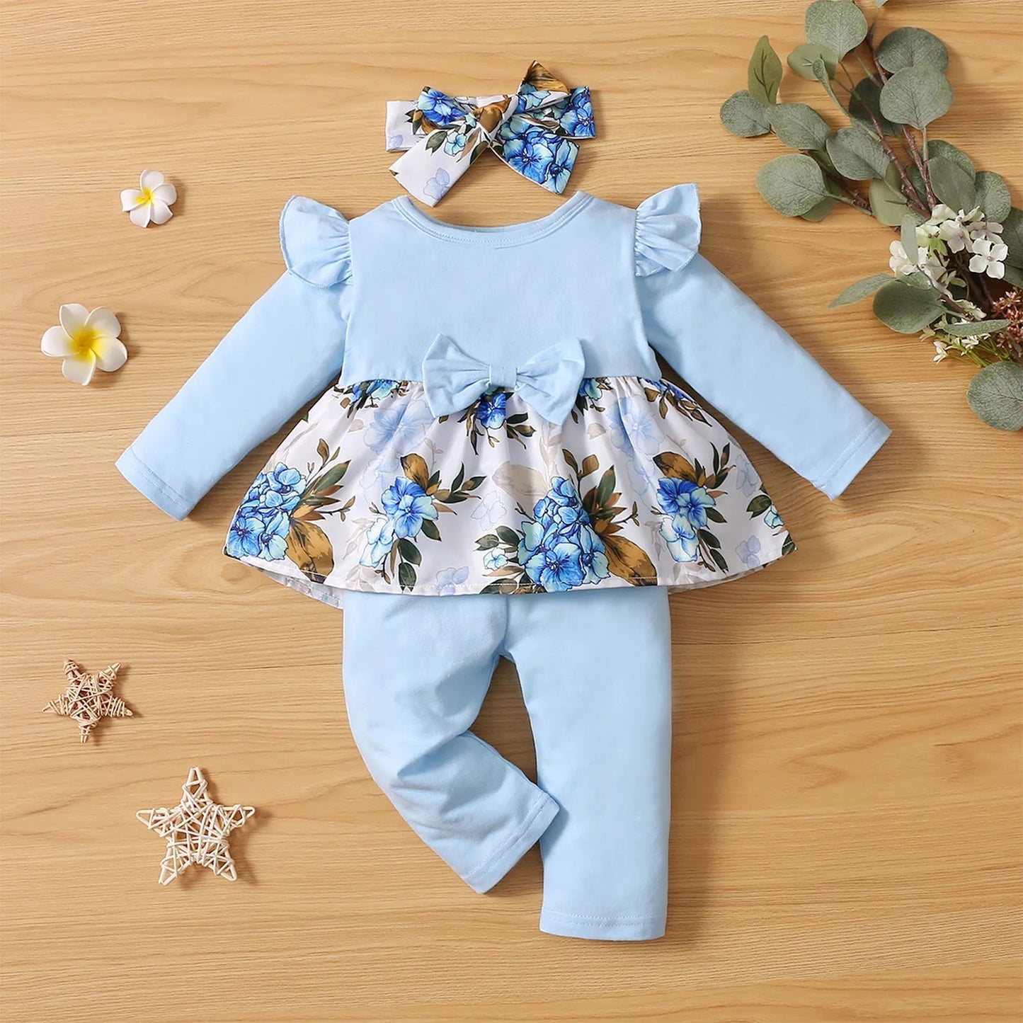 Infant Baby Girls' Clothing Long Sleeve Tops+Pants+Headwear Sets Flower Print Fashion Baby's Set Baby Clothes 3 6 12 24 Months