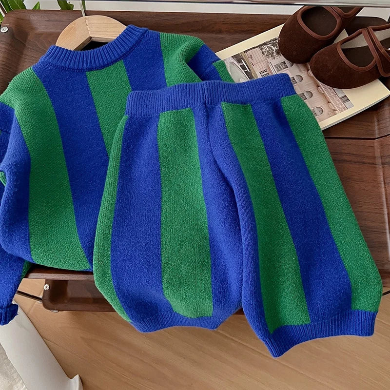 Spring Autumn Kids Knitted Clothing Set Long Sleeved Striped Pullover Sweater+Shorts Baby Boys Girl Clothes Suit Children Suit