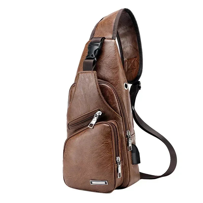 Men's Chest Bags Pack Business Messenger USB Charging Fashion PU Leather Waist Outdoor Casual Sports Brand Single Shoulder Bag