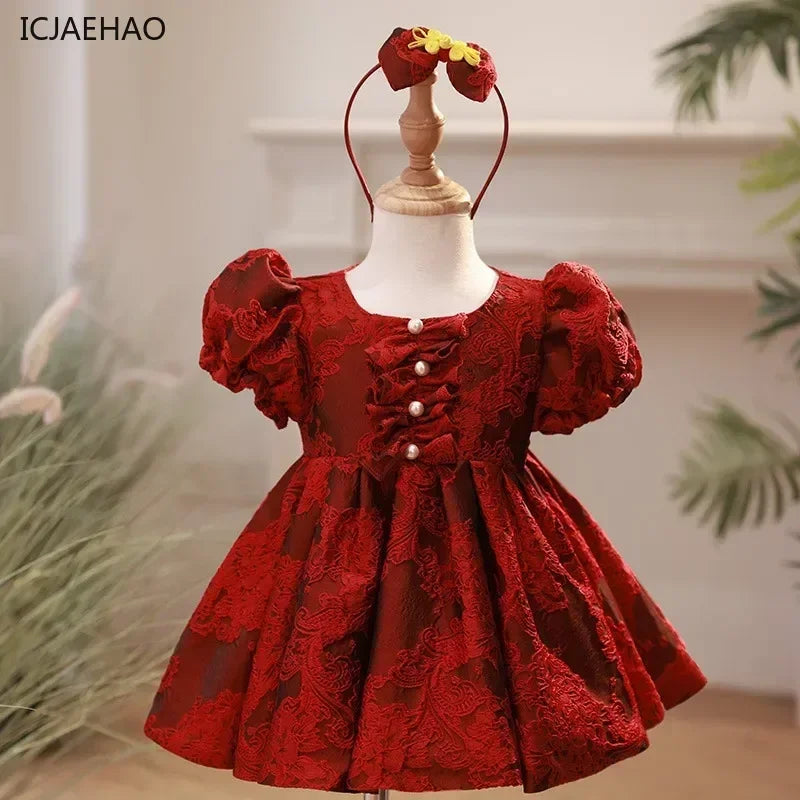 Baby Girl Clothing Children Flower Dress Outfits Birthday Baptism Elegant Kids Bow Boutique Party Red Ball Gown Toddler Clothes
