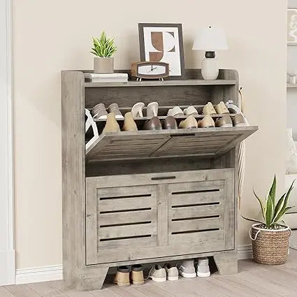 Shoe Cabinet Storage for Entryway, Narrow Shoe Cabinet with 2 Flip Drawers,Freestanding Hidden Slim Shoe Organizer Cabinet with