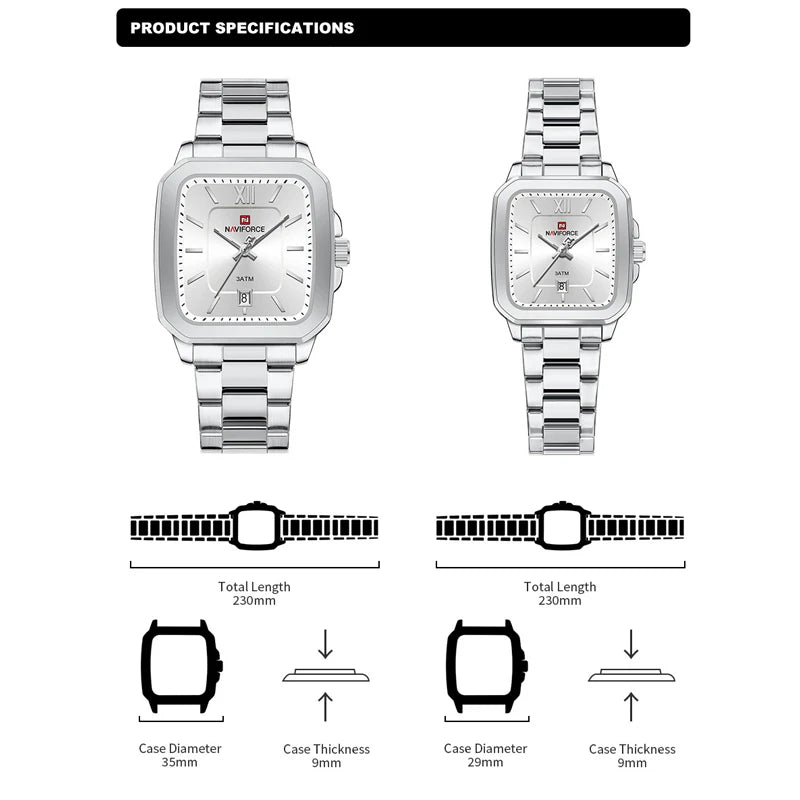 NAVIFORCE Fashion Women's Watches Waterproof Couple Steel Strap Quartz Calendar Wristwatch Gift for Girl Clock Relogio Feminino