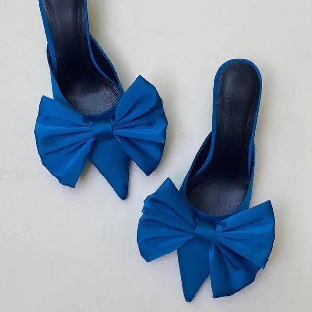 2024 Summer Women's Slippers Bowknot Cat Heel Low Heel Mid Heel Pointed Toe Shoes Slippers High Heels