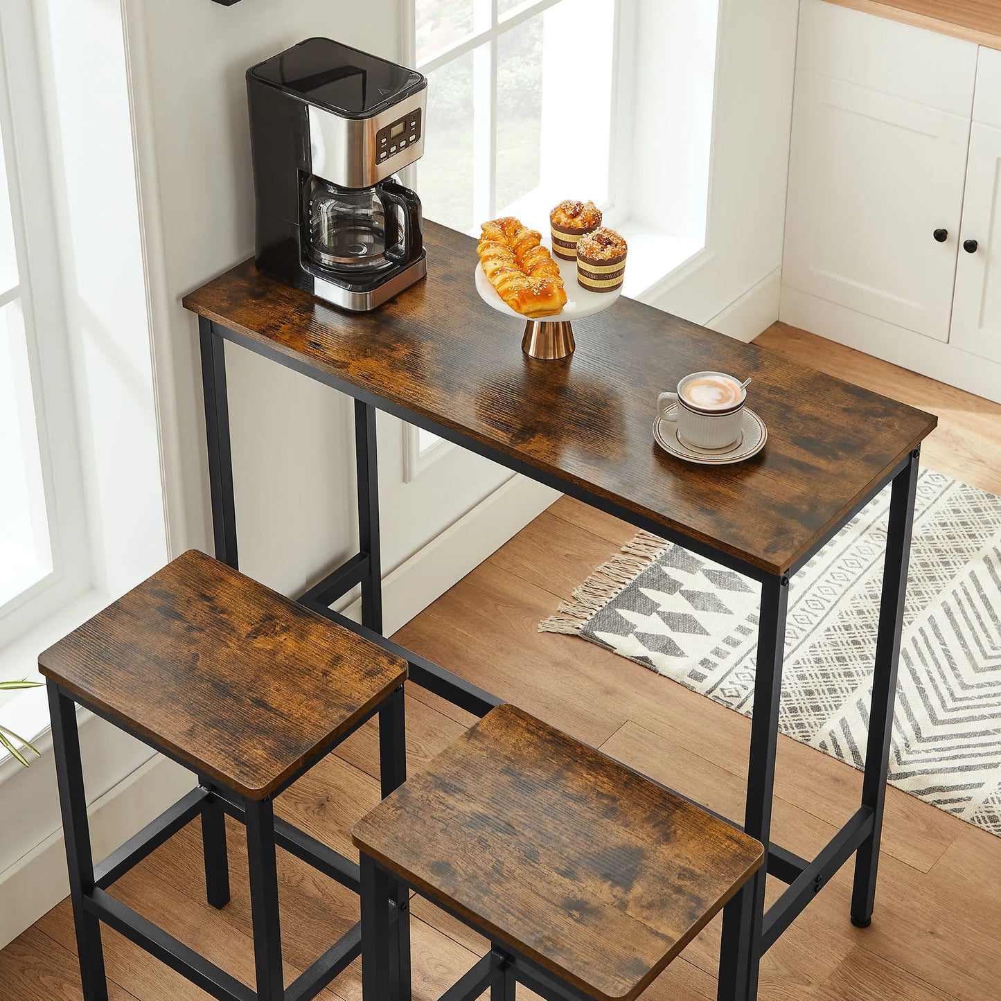 VASAGLE Dining Table Set, Bar Table and Stools, Breakfast Bar Table with Bar Stools, 2, Industrial Steel Frame