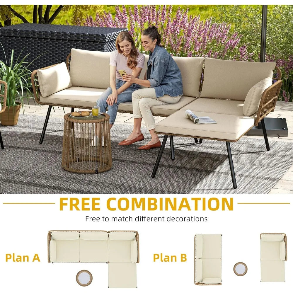 Patio Furniture Set 3 Piece Outdoor Wicker Conversation Set with Detachable Cushions and Coffee Table L-Shaped Sectional Sofa S