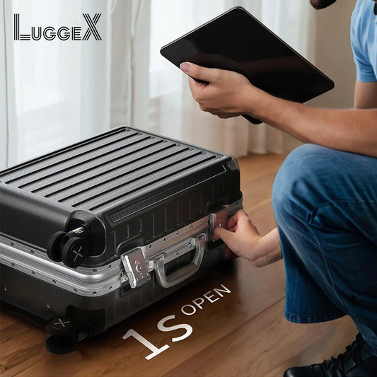 LUGGEX Luggage with Spinner Wheels - Polycarbonate Aluminum Hard Shell Suitcase Zipperless Carry-On 20-Inch, Black