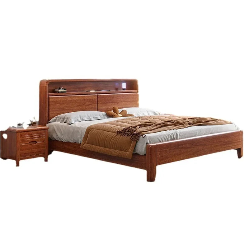 Walnut solid wood bed Modern simple with storage New Chinese master bedroom wedding bed