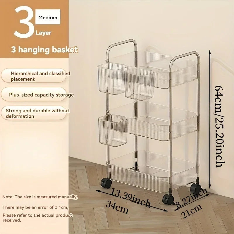 3 Tier Clear Storage Cart with Wheels - Multifunctional Rolling Organizer for Bedroom Living Room & Office