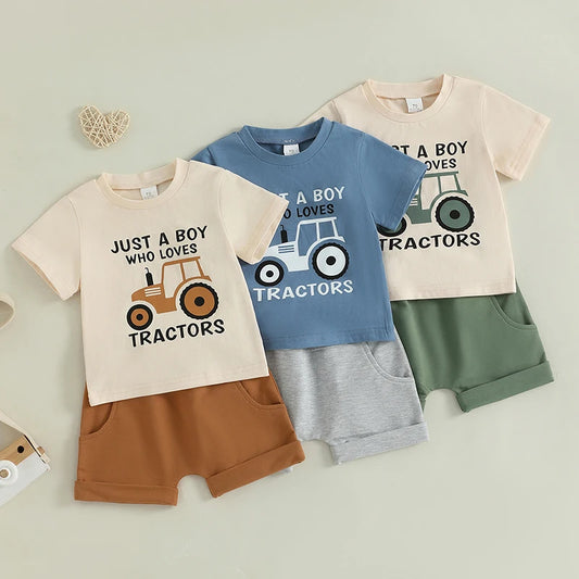 2024-12-31 Lioraitiin Toddler Boy Summer Outfits Tractor Letter Print Round Neck Short Sleeve Tops with Solid Shorts Outfit