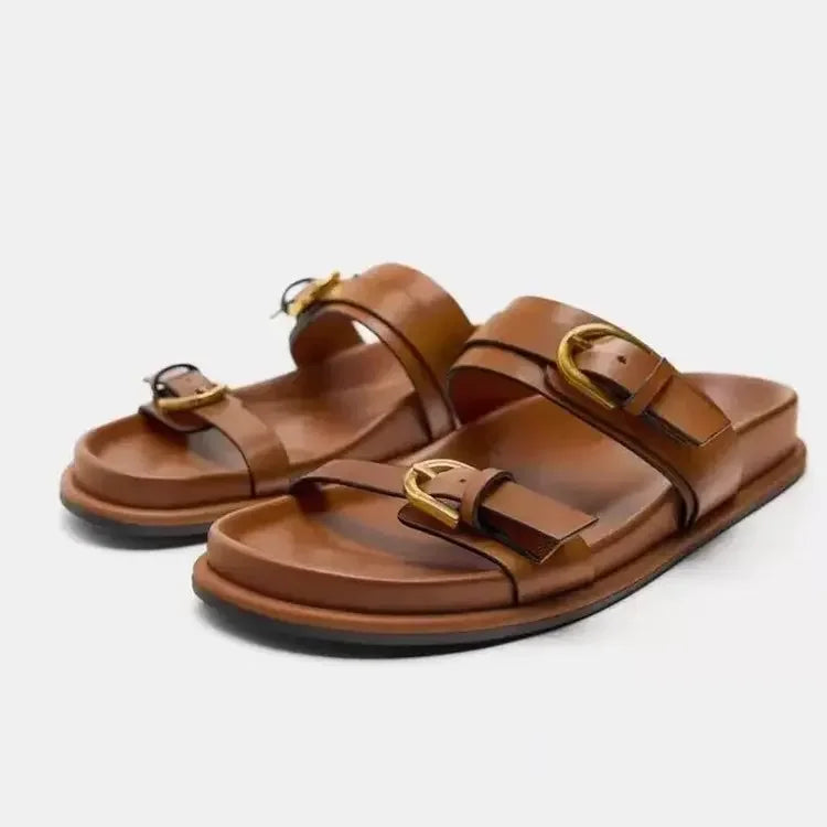 Woman Black Flat Slingback Shoes Female Summer Straps Round Toe Shoes 2025 Women's Sandals Metal Buckle Flat Sandals
