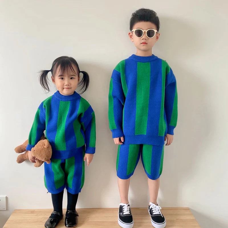 Spring Autumn Kids Knitted Clothing Set Long Sleeved Striped Pullover Sweater+Shorts Baby Boys Girl Clothes Suit Children Suit