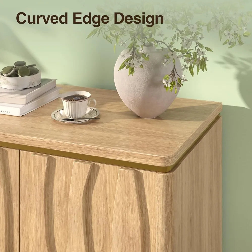 Fluted Cabinet with 3D Ripple Doors, 57.9" W Storage Cabinet with Adjustable Shelves, Modern Curved Edge Design for Living Room