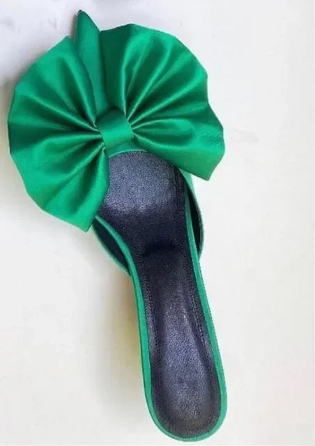 2024 Summer Women's Slippers Bowknot Cat Heel Low Heel Mid Heel Pointed Toe Shoes Slippers High Heels