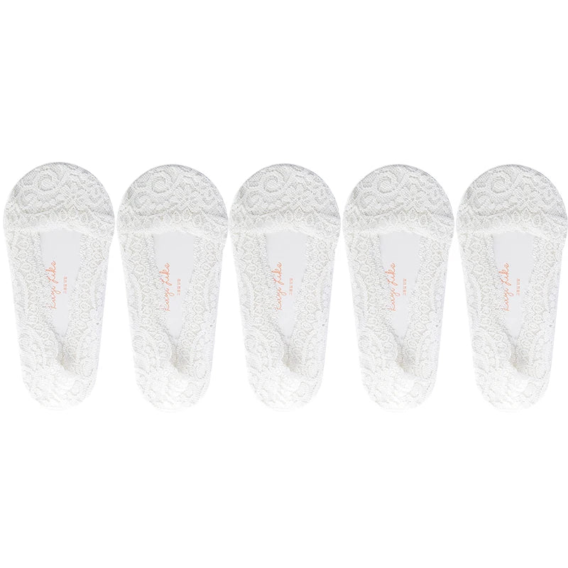 5 Pairs/Lot Socks Women's Ankle Short  No-Show Invisible Foot Summer Thin Cotton Set White Low Cut Boat Lace Silicone Non-Slip