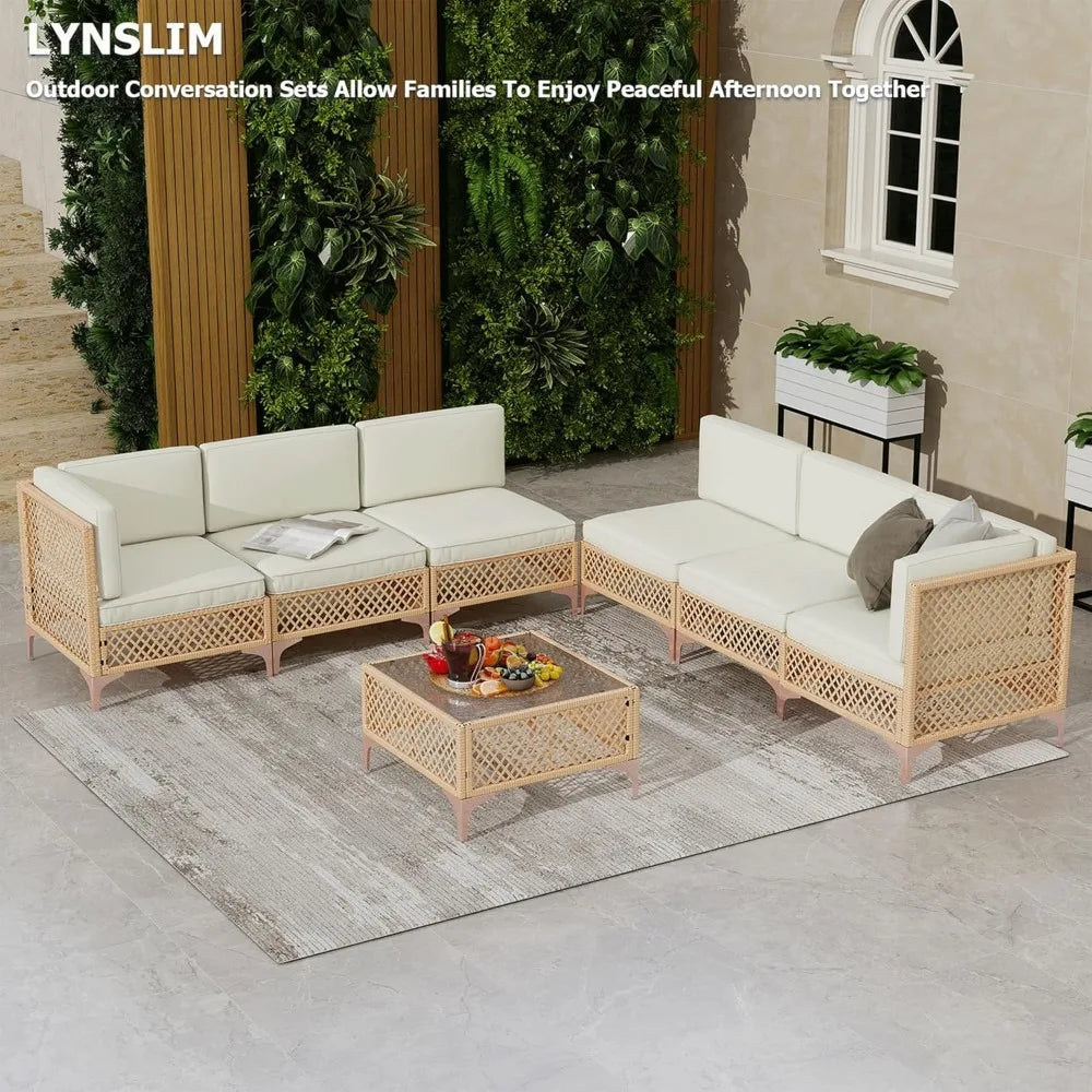 Outdoor Patio Furniture Set, Wicker Outdoor Sectional Set, Boho Patio Conversation Sectional Sofa with Large Tempered Glass Cof