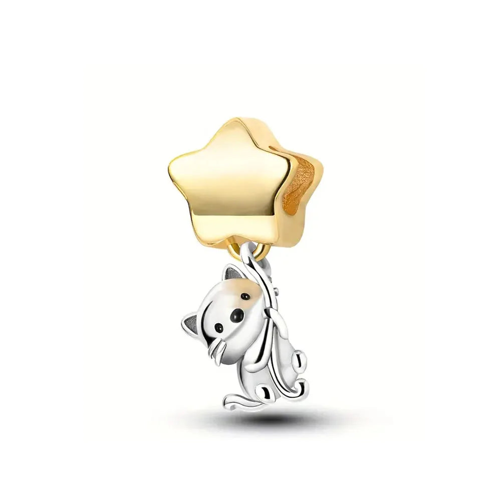 New 925 Silver Horseshoe Clover Star Cat Charm True eyes Pendant Safety Chain Bead Fit Original Bracelet Jewellery Gift dragon