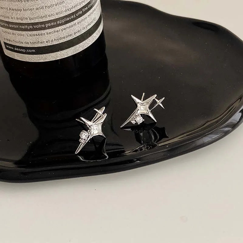 2025 Fashion Silver Color Cross Star Zircon Stud Earrings for Women Girl Korean Four-Pointed Star Personality Earrings Jewellery