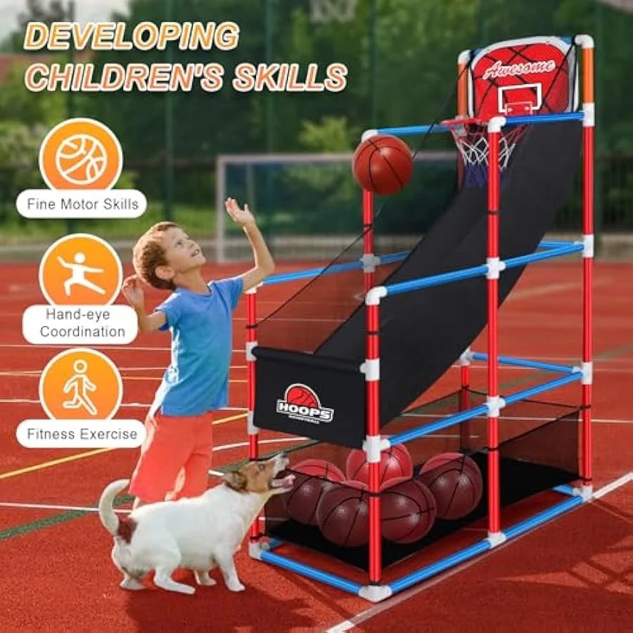 Adjustable Arcade Basketball Game Set with Storage 4 Balls for 3 to 12 Years Old Sport Toy for Indoor Outdoor