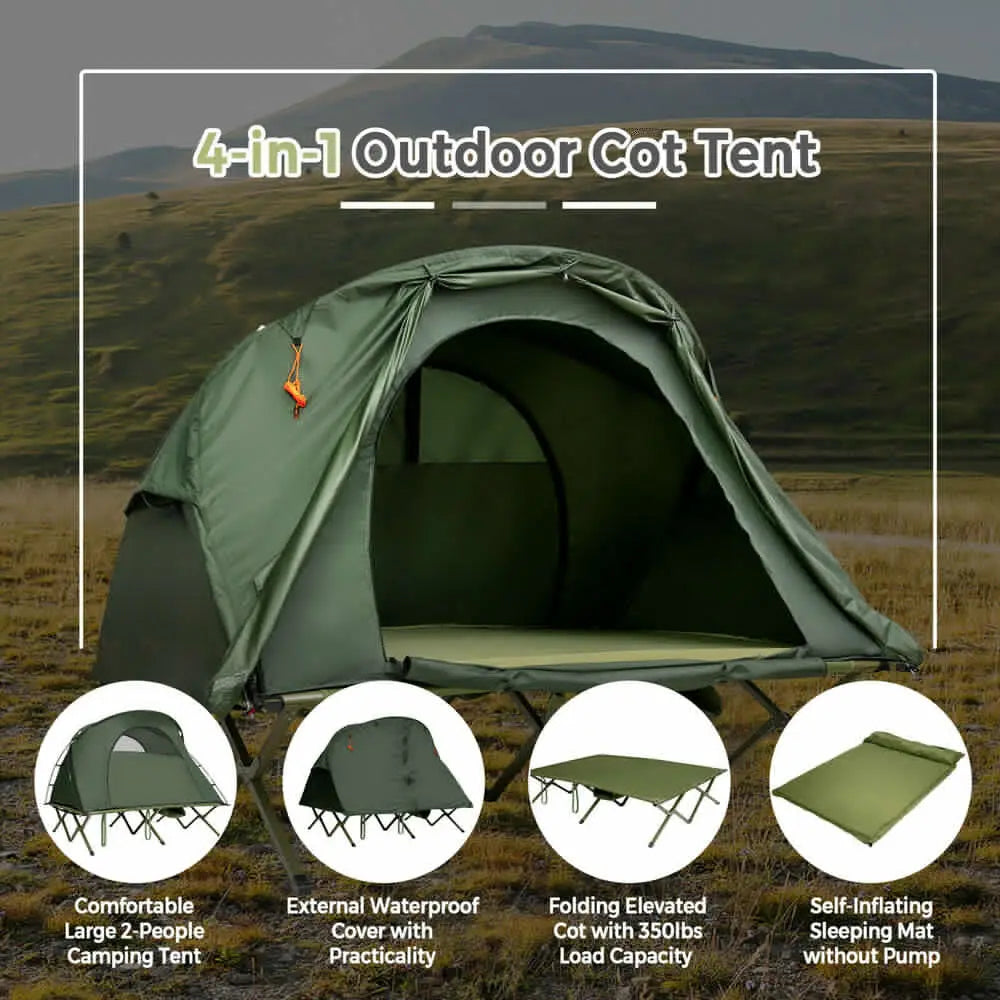 2-Person Outdoor Camping Tent Cot Compact Elevated Tent Set W/ External Cover
