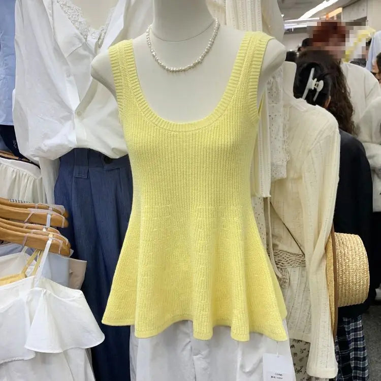 Women Clothing Summer Fashion Casual Simplicity All-match Fashionable Solid Color O-neck Waist Fish Tail Sleeveless Camisole Top