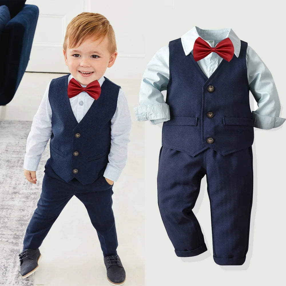 Baby boy's clothing spring and autumn gentleman's birthday suit newborn party dress soft cotton vest + shirt + pants baby 4-piec