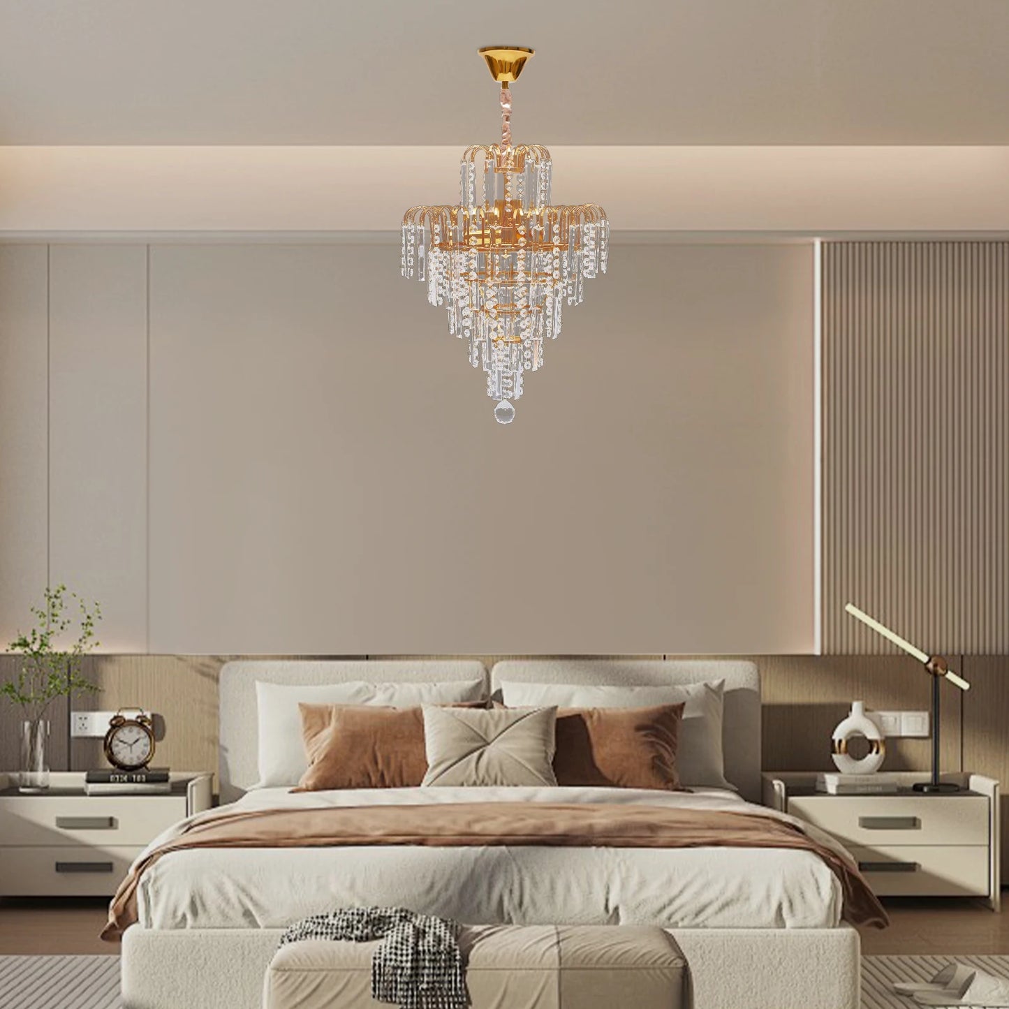 Crystal Chandelier, Adjustable Chain, Golden Tone, Ambient Lighting for Living Room