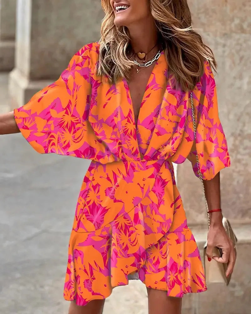 Spring Summer Women's Clothing New Sexy V-neck Fashionable Seven Inch Bat Sleeve Irregular Hem Dress Women's Clothing