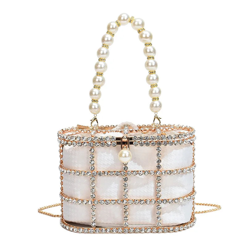 Metallic Evening Bag Pearl Hollow Out Womens Bags Luxury Design Rhinestone Diamond Dinner Bags For Party Wedding Handbags