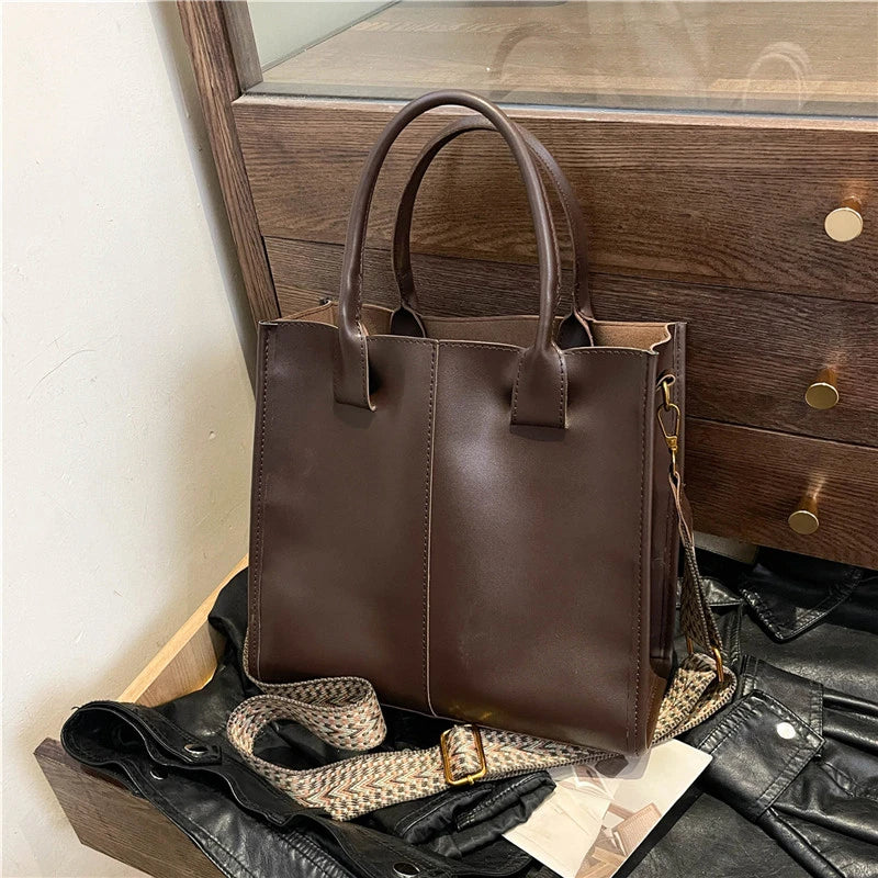 Black Tote Bag For Women Fashion Wide Strap Shoulder Handbag High Quality Pu Leather Bag Coffee Brown Female Brand Commute Bag
