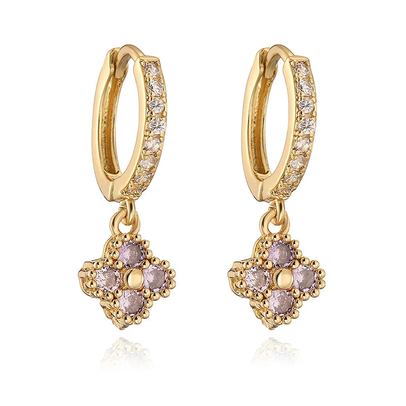 HECHENG Brass 18K Golden-Plated Crystal Zirconia Flower Dangle Earrings Perforated Ladies Jewellery 1 Pair