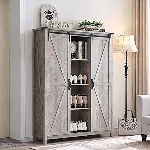 Shoe Cabinet with 2 Sliding Door, 6-Tier Adjustable Shelves, Farmhouse Shoe Organizer for Entryway, Living Room, 60" Tall Large