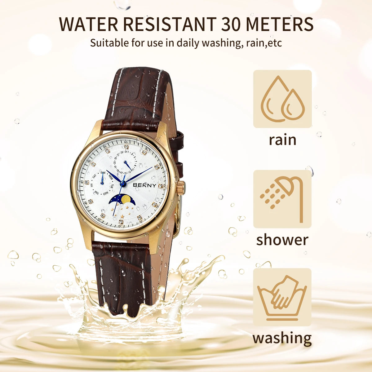 BERNY Watch for Women Calendar Date Week Moon Phase Quartz Women's Watches Leather Strap Elegant Casual Ladies Girl Wristwatch