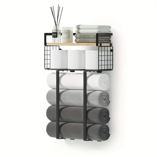 Bathroom  Sheves, Towel Racks With Metal Tissue Basket, Holder Wall Rack For Rolled Towels, Org
