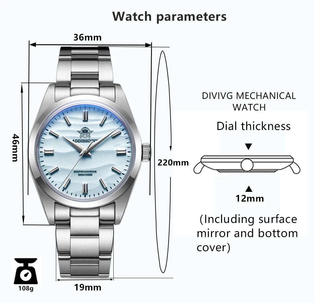 ADDIESDIVE Men's Watch 36mm Quartz Watch Diving 100m Sand Dial 316L Stainless Steel AR Bubber Glass Fashion WristWatch for Men