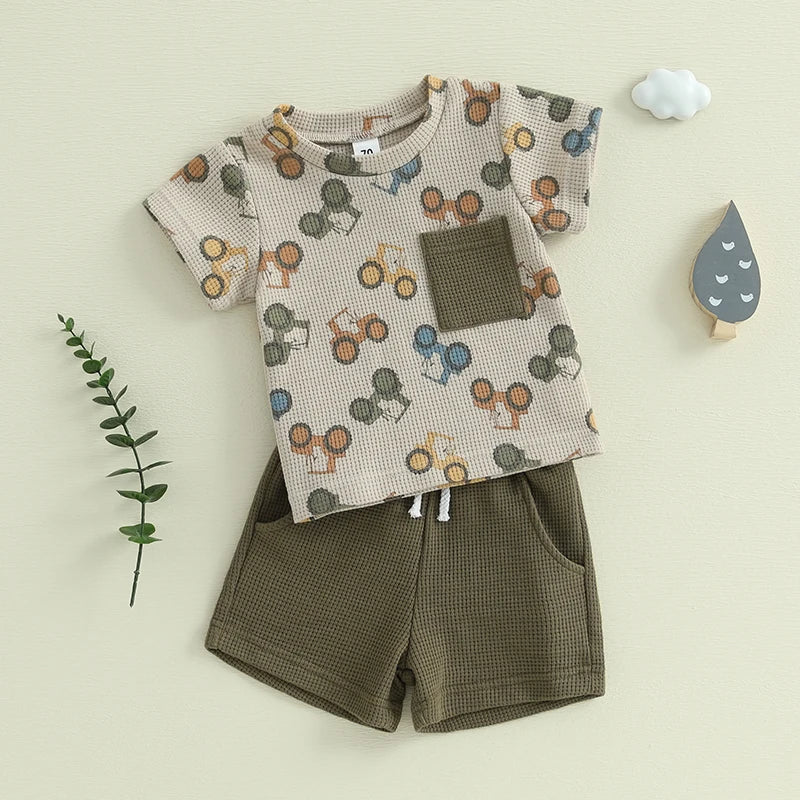Lioraitiin Toddler Baby Boy Summer Outfit Waffle Tractor Print Short Sleeve T-shirts Solid Elastic Waist Shorts Summer Set