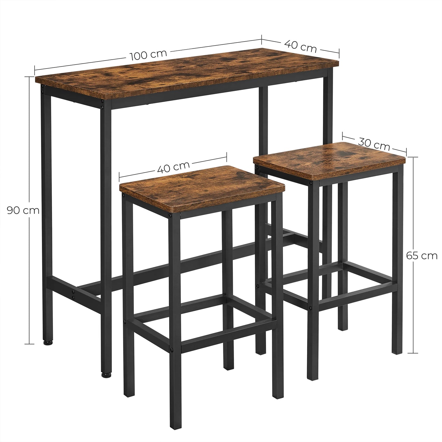 VASAGLE Dining Table Set, Bar Table and Stools, Breakfast Bar Table with Bar Stools, 2, Industrial Steel Frame