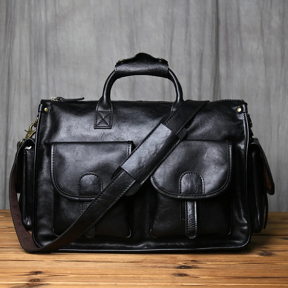 NZPJ Retro Genuine Leather Men's Briefcase Top Layer Cowhide Handbag  Crazy Horse Leather   Crossbody Bag For 16 Inch Laptops