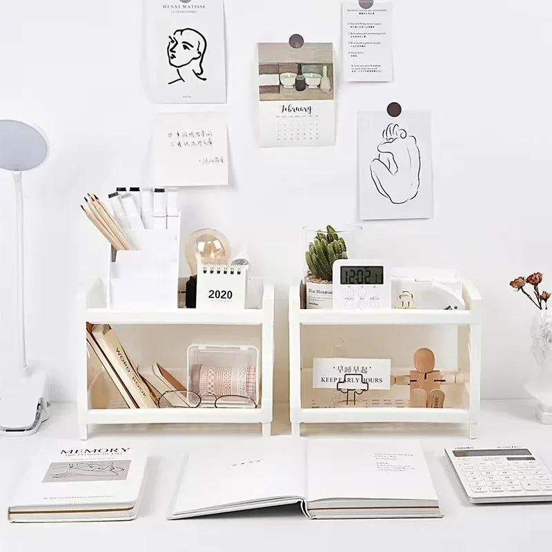 1PC PP Desktop Double Layer Storage Rack Rectangular White Organizing Student Desk Office Cosmetics Stationery
