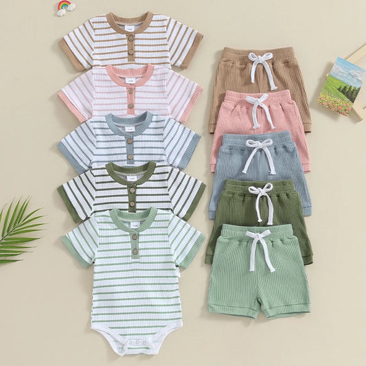 2023-11-18 Lioraitiin Newborn Baby Boy Girl Summer Clothes Striped Short Sleeve Ribbed Romper Tops Elastic Shorts Set Outfits