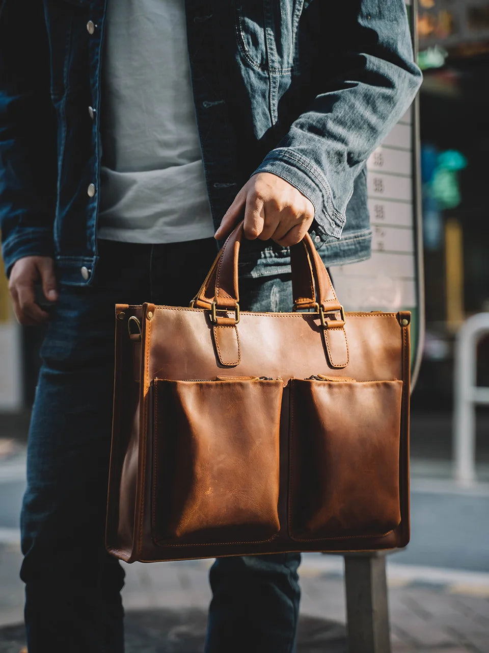 Vintage Men's Briefcase Genuine Leather Casual Trend Handbag High Capacity Shoulder Bag Zipper Pockte For 14 Inch Laptop NUPUGOO