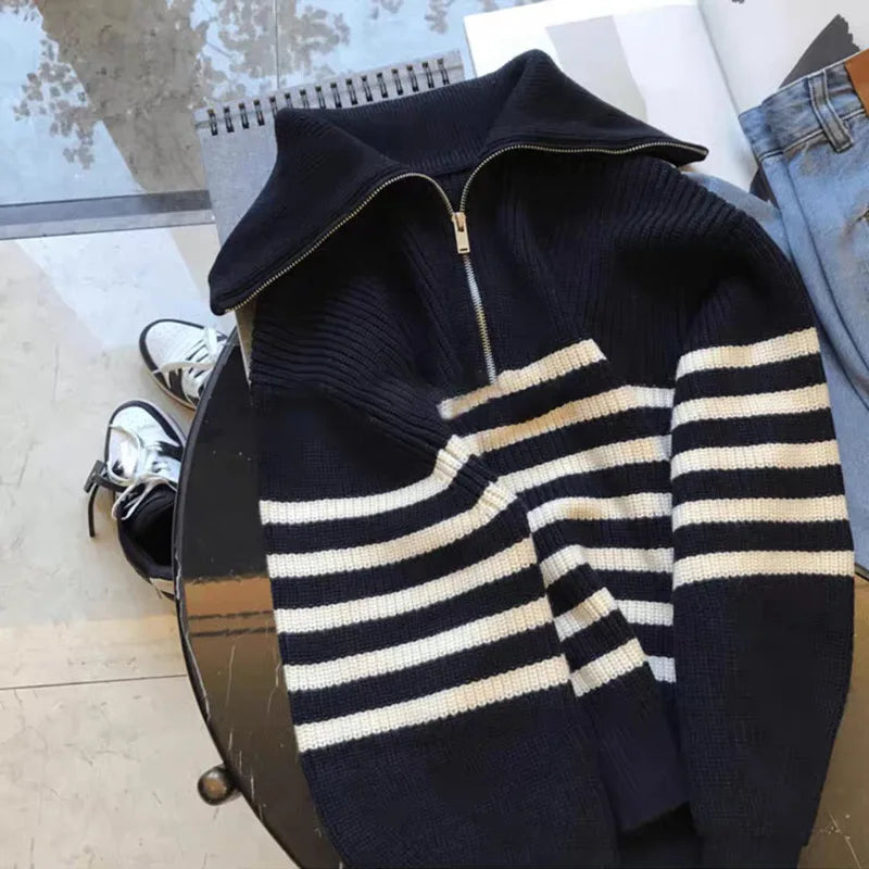 Women's Turtleneck Loose Lapel Striped Knitwear sweater Women Pulovers New Simplicity Half Zipper Casual Women's sweatshirt 2025